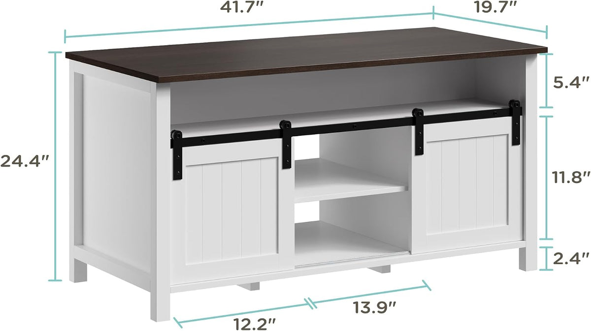 MHOM Farmhouse Coffee Table with Storage, Rustic Living Room Table with Sliding Barn Doors & Hidden Compartment, Wooden Center Table for Living Room, White