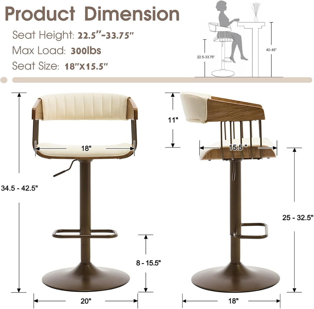 CIMOTA Swivel Adjustable Bar Stools Set of 2, Mid-Century Modern Counter Stools Bar Chairs with Barrel Wood Back and Arms for Bar/Kitchen Island/Dining, 25-32.5 Inch Seat Height, PU Leather White