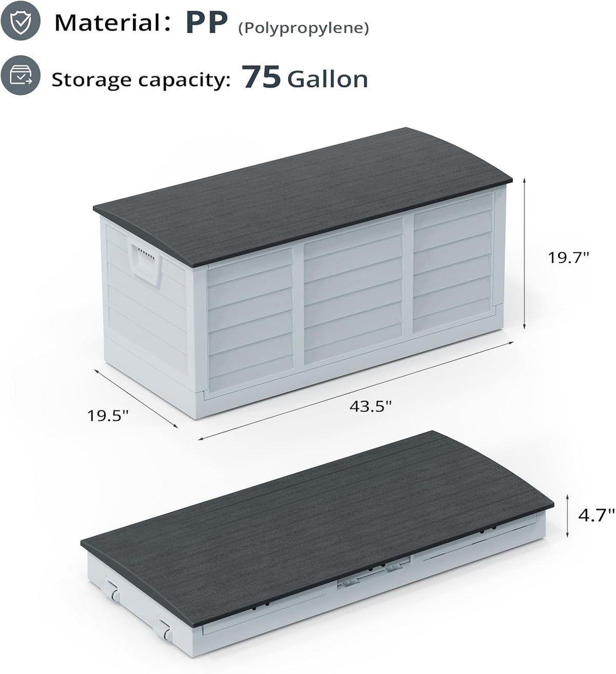 Outvita Outdoor Storage Box, 75 Gallon, Foldable, Gray Body-Black Lid