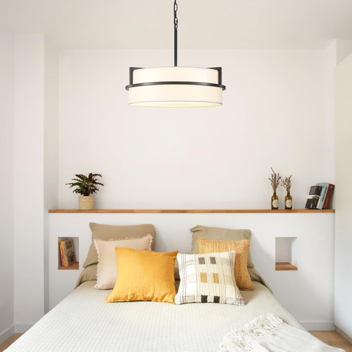 19.7" Black Drum Chandelier, Drum Pendant Light with White Linen Shade