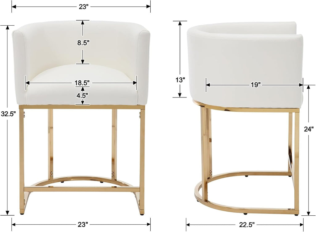 RIVOVA PU Leather Bar Stools Set of 4, Modern Upholstered Counter Height Bar stools 24" Leather Barstools Barrel Kitchen Counter Island Stools with Golden Metal Base, White