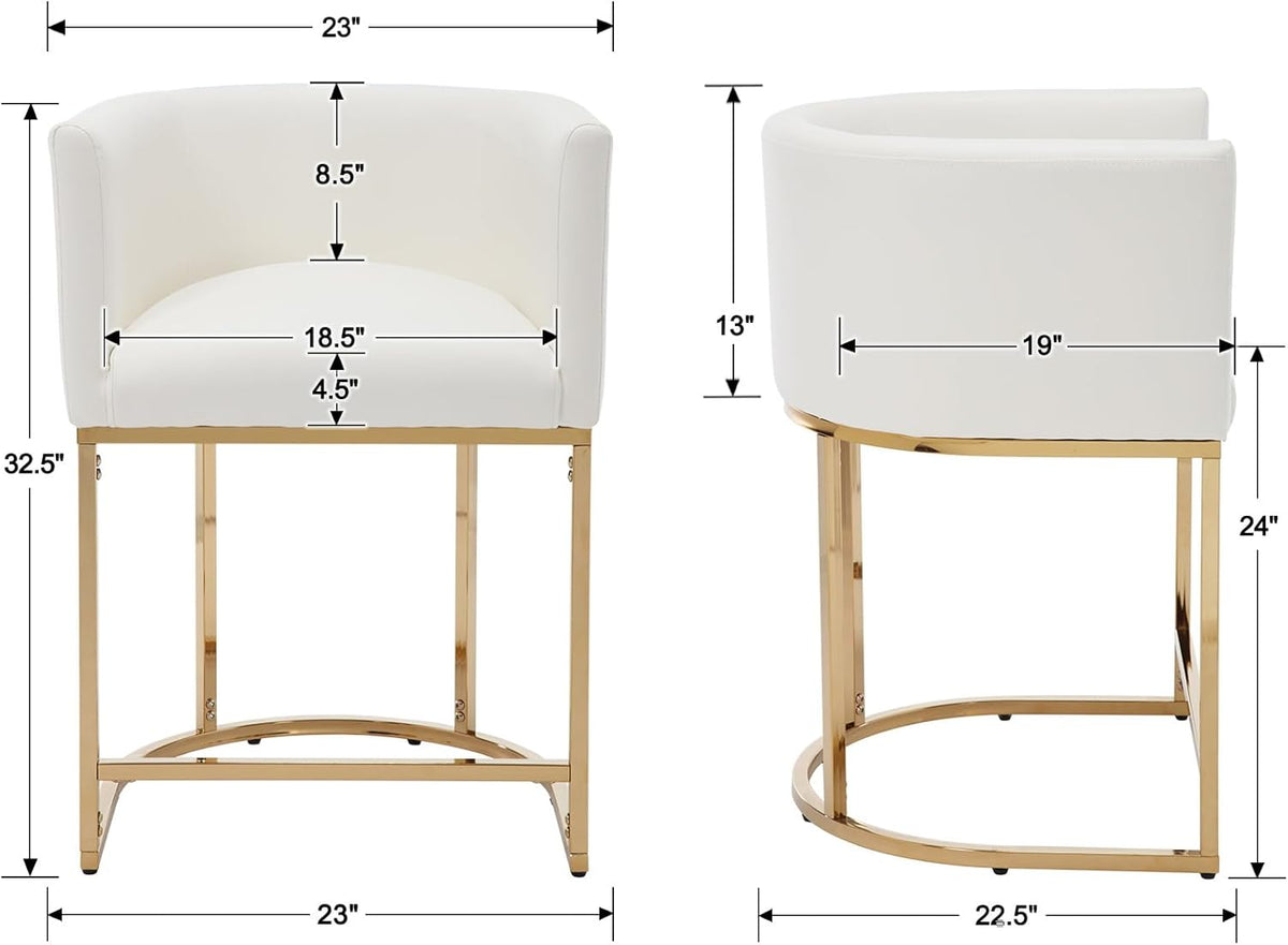 RIVOVA PU Leather Bar Stools Set of 4, Modern Upholstered Counter Height Bar stools 24" Leather Barstools Barrel Kitchen Counter Island Stools with Golden Metal Base, White