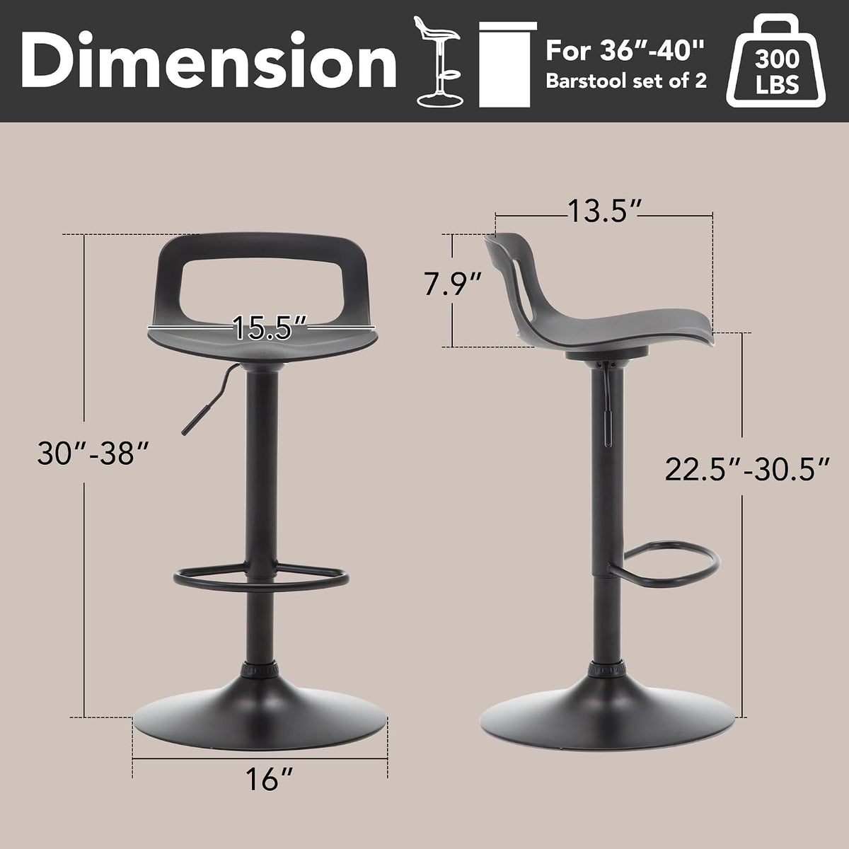 GOTMINSI Modern Adjustable Bar Stool - 300 lbs Capacity, Waterproof PP Seat, Chrome Metal Base, Swivel Counter Stool for Kitchen Island & Pub (4PCS,Black)