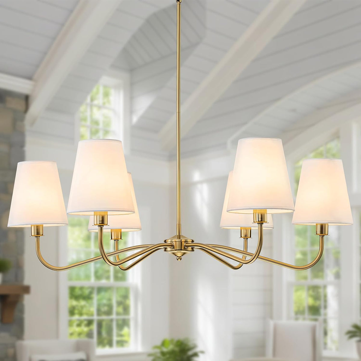 Brass Gold Chandeliers for Dining Room 6 Light Chandelier with Fabric Shade
