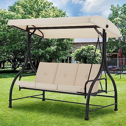 AECOJOY 3-Seat Outdoor Patio Swing With Canopy, Converting Porch Hammock, Adjustable Backrest, Removable Cushions and Stand, Beige