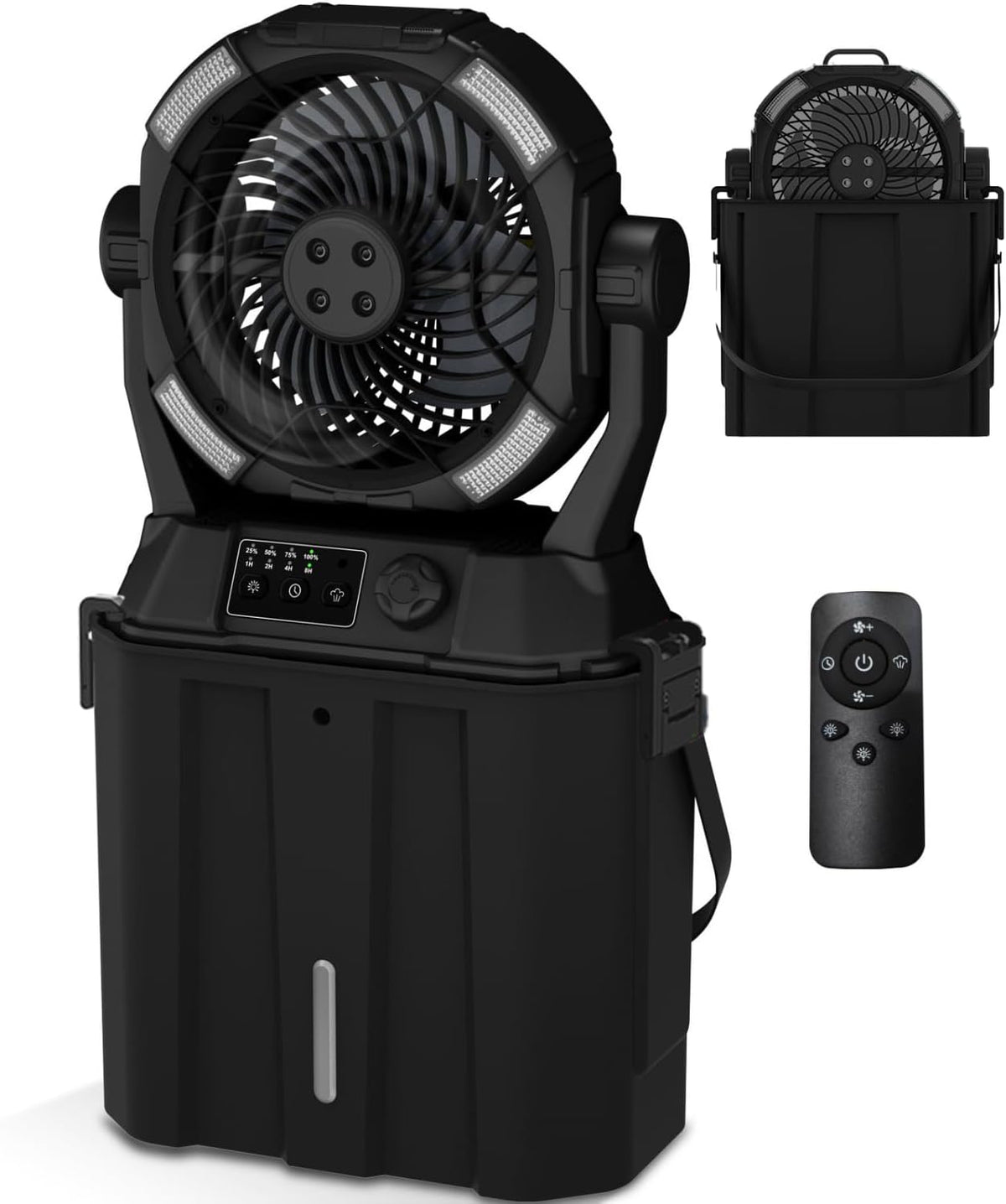 Wilody Portable Misting Fan Rechargeable with Remote Control, 6L Bucket Camping Fan with LED Lights & Stepless Speed Control & Cooling Mist, Portable Handle & Rotate Hook, Timer Function