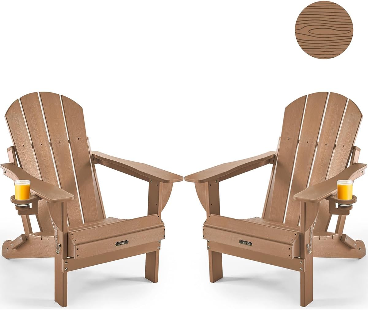 Ciokea Folding Adirondack Chairs Set of 2 with Cup Holder, HDPE, Teak