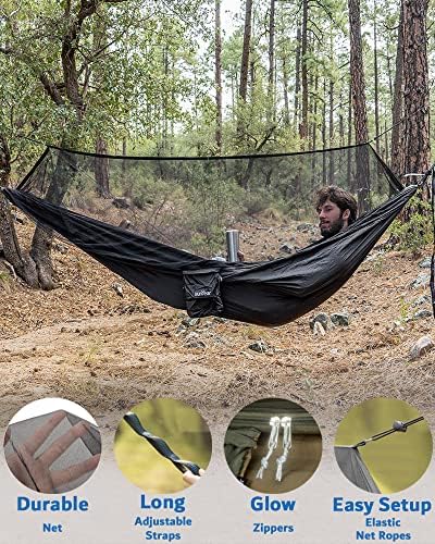 Sunyear Hammock Camping with Rain Fly Tarp and Net, Portable Camping Hammock Double Tree Hammock Outdoor Indoor Backpacking Travel & Survival, 2 Tree Straps,100% Waterproof Black Bundle