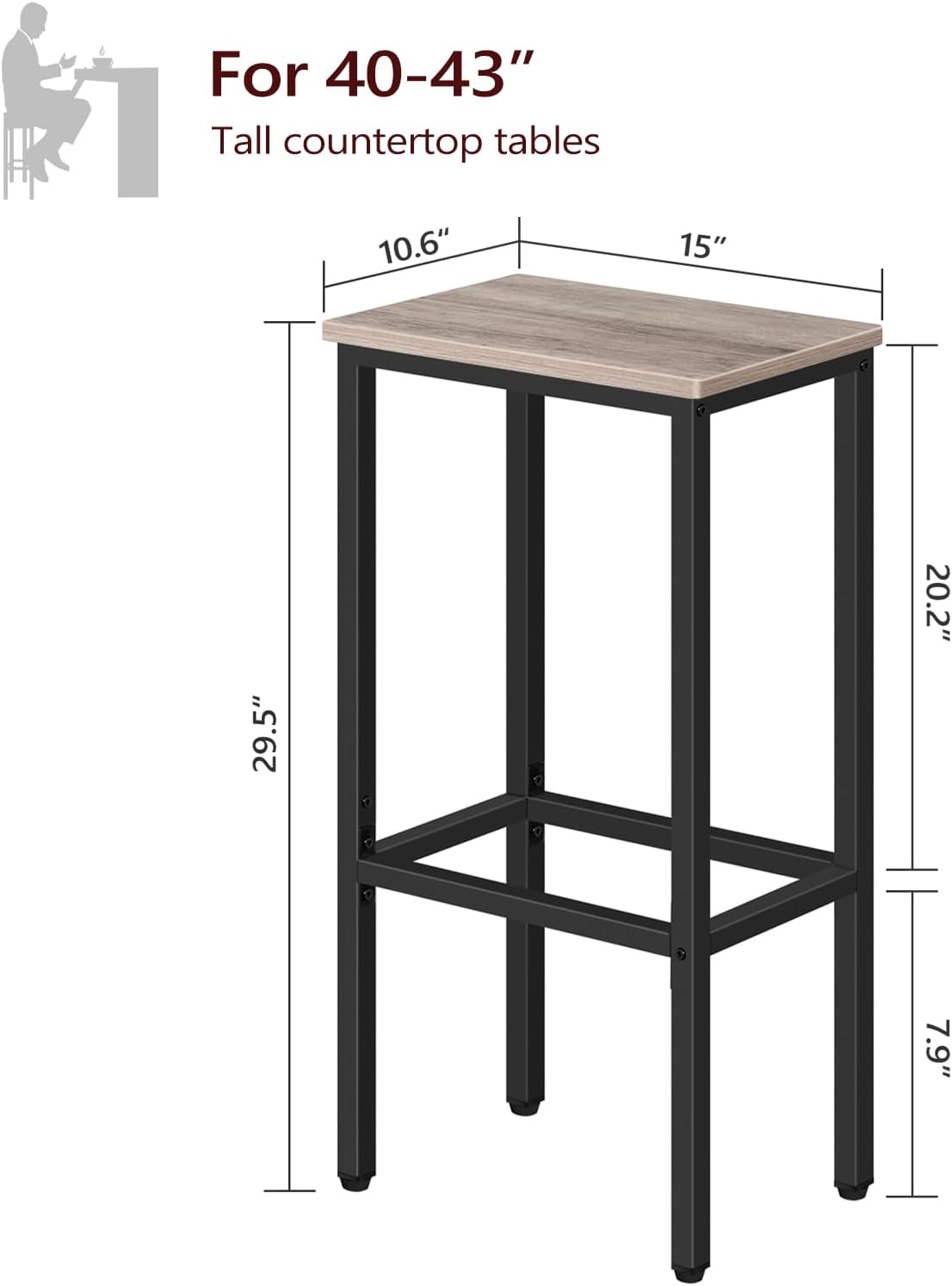 MAHANCRIS Set of 2 Bar Stools, 29.5" Tall Counter Bar Stools, Kitchen Breakfast Bar Chairs with Footrest, Rectangular Industrial Bar Chairs, for Dining Room, Greige and Black BAHG01701