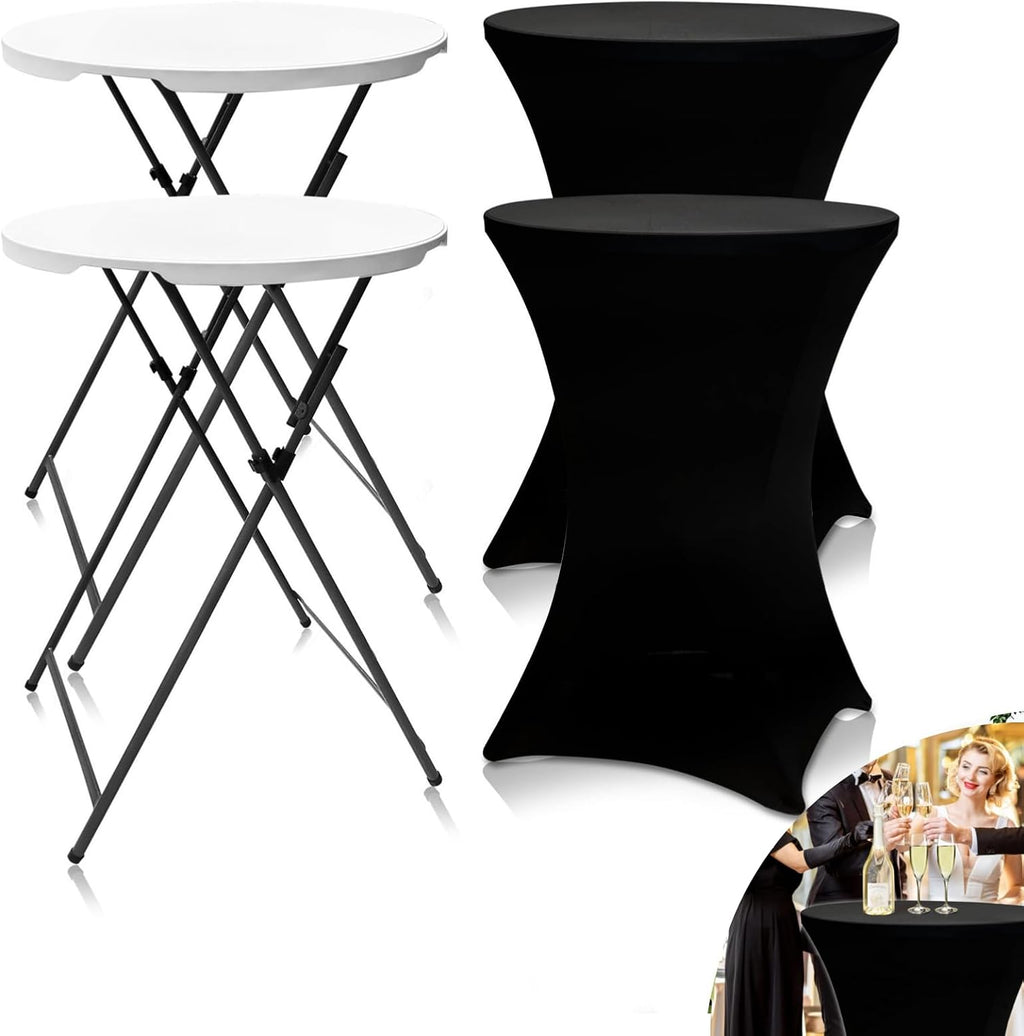 2 Pack 32in Round Folding Cocktail Tables with Black Covers