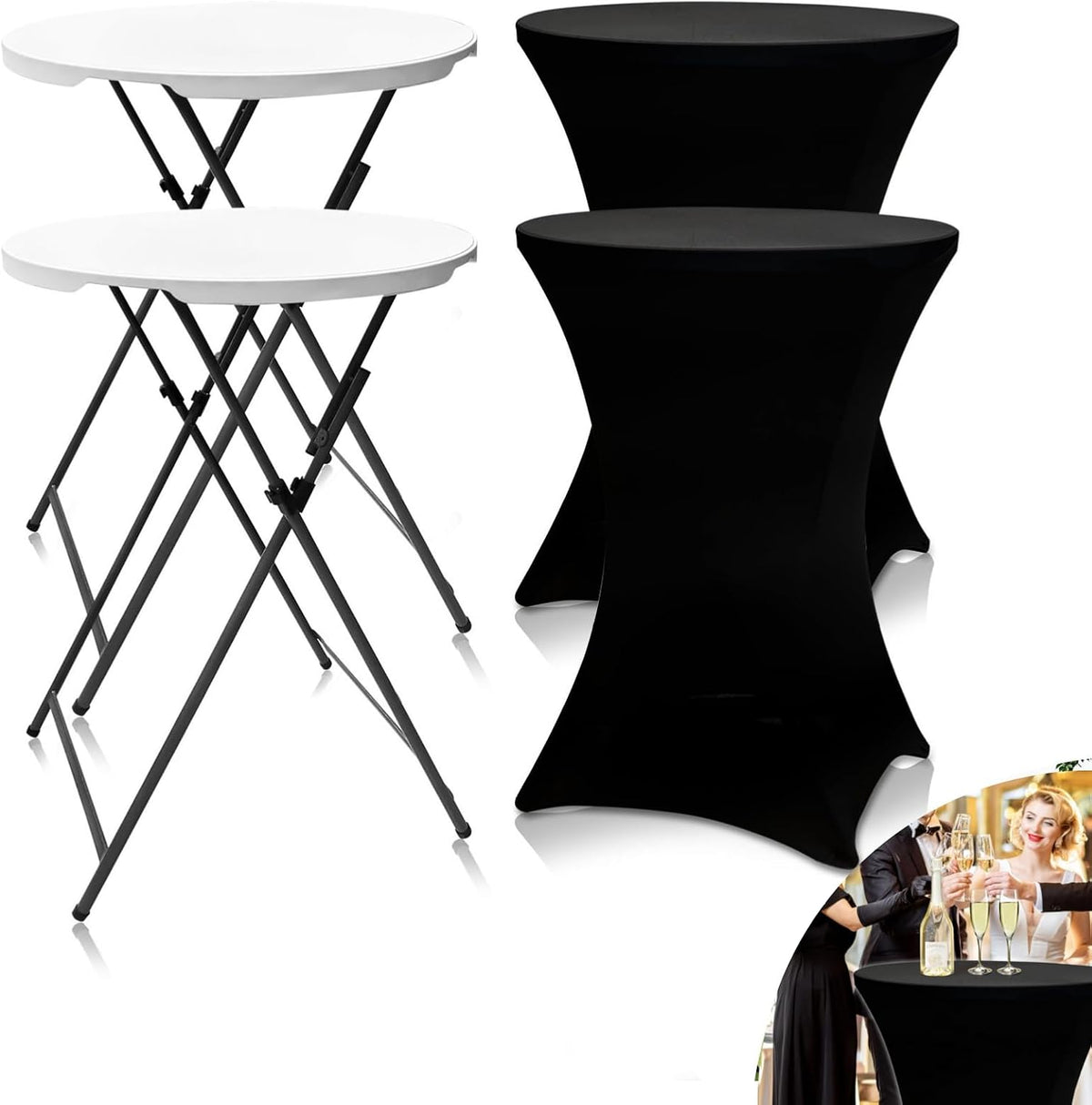2 Pack 32in Round Folding Cocktail Tables with Black Covers
