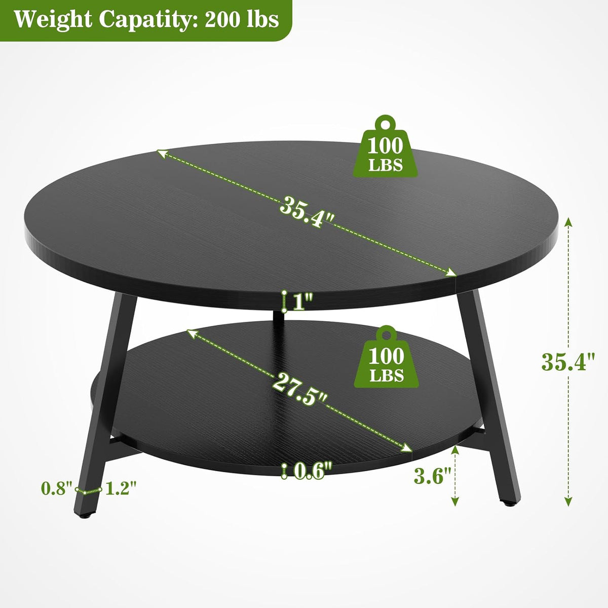 Armocity 35.4" Round Wood Coffee Table with 2-Tier Storage, 1" Thick Top