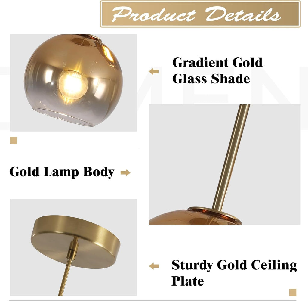 KCO 9.8” Large Mid Century Modern Gradient Gold Glass Globe Pendant Light