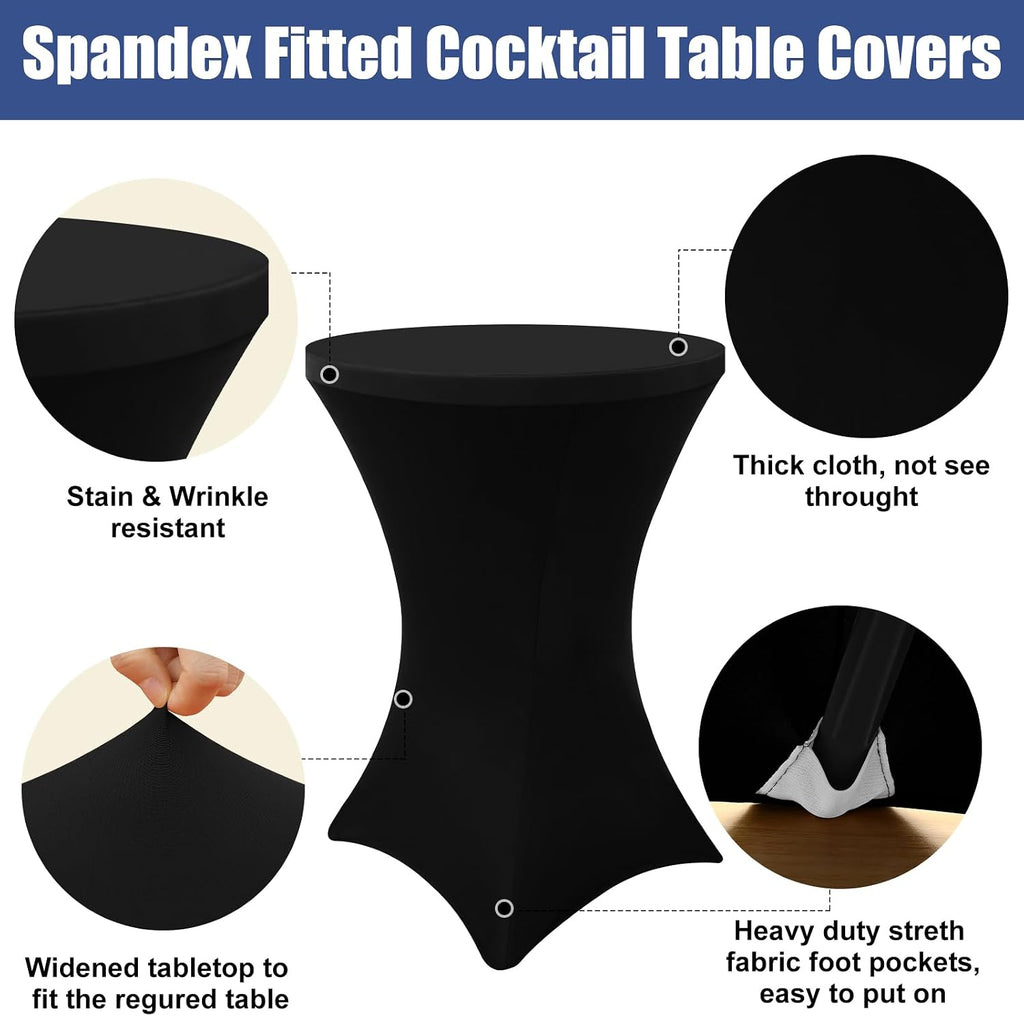 Moosfor Spandex Cocktail Table Covers 4 Pack, Elastic Fitted Stretch Table Cloth, Round High Top Tablecloths for Bar, Party, Pub, Wedding & Banquet (Black, 32x43 Inch)