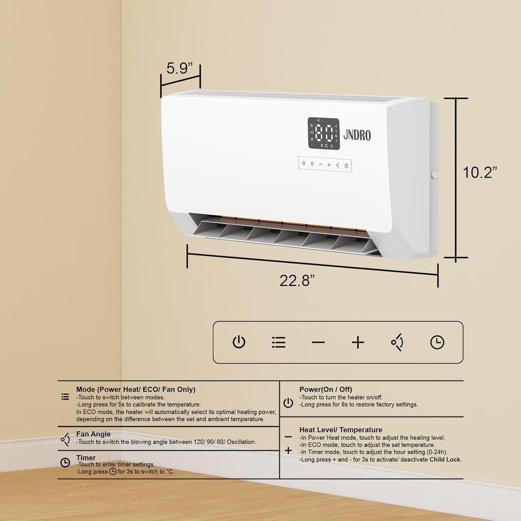 24-Inch Wall Mounted Electric Heater - 1500W Indoor Space Heater with LED Display, 3 Heat Settings, Oscillating Fan, Electric Heater for Bedroom Office Bathroom