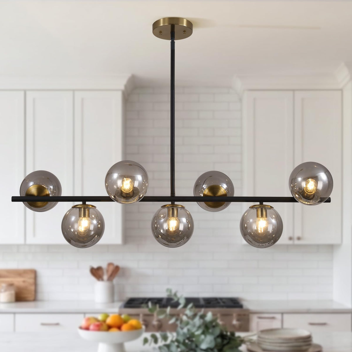 KCO 7-Light Mid Century Modern Black Brass Gold Linear Sputnik Chandelier