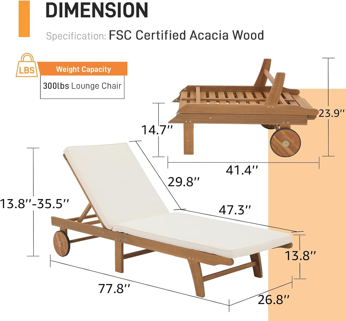 Patiorama Patio Acacia Wood Chaise Lounge Chair of 4, Pool Chair, Cream