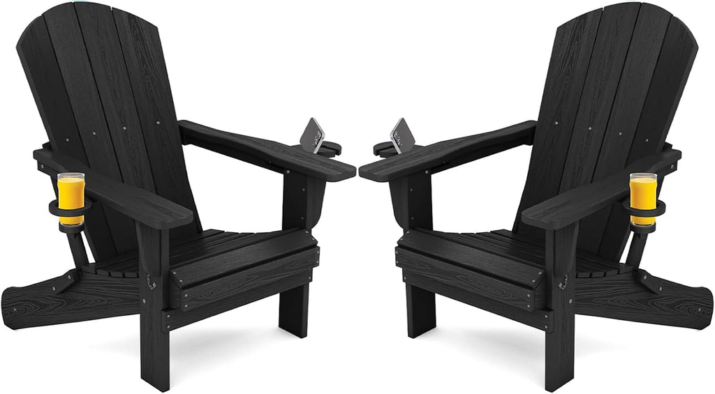 SERWALL Outdoor Adirondack Chair Set of 2 with Cup Holders,Foldable,Black