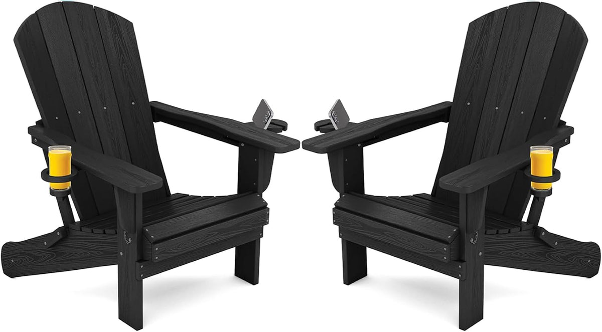 SERWALL Outdoor Adirondack Chair Set of 2 with Cup Holders,Foldable,Black