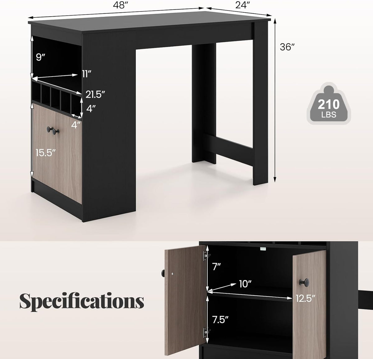 COSTWAY 48" Bar Table with Storage Cabinet & Wine Rack, Home Dining Table