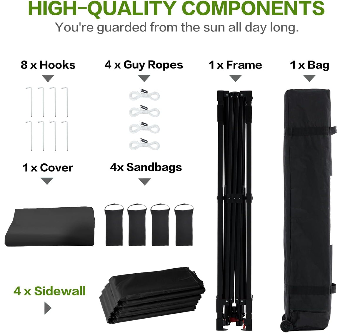 tunbne 10x10 pop up canopy tent with 4, package contents