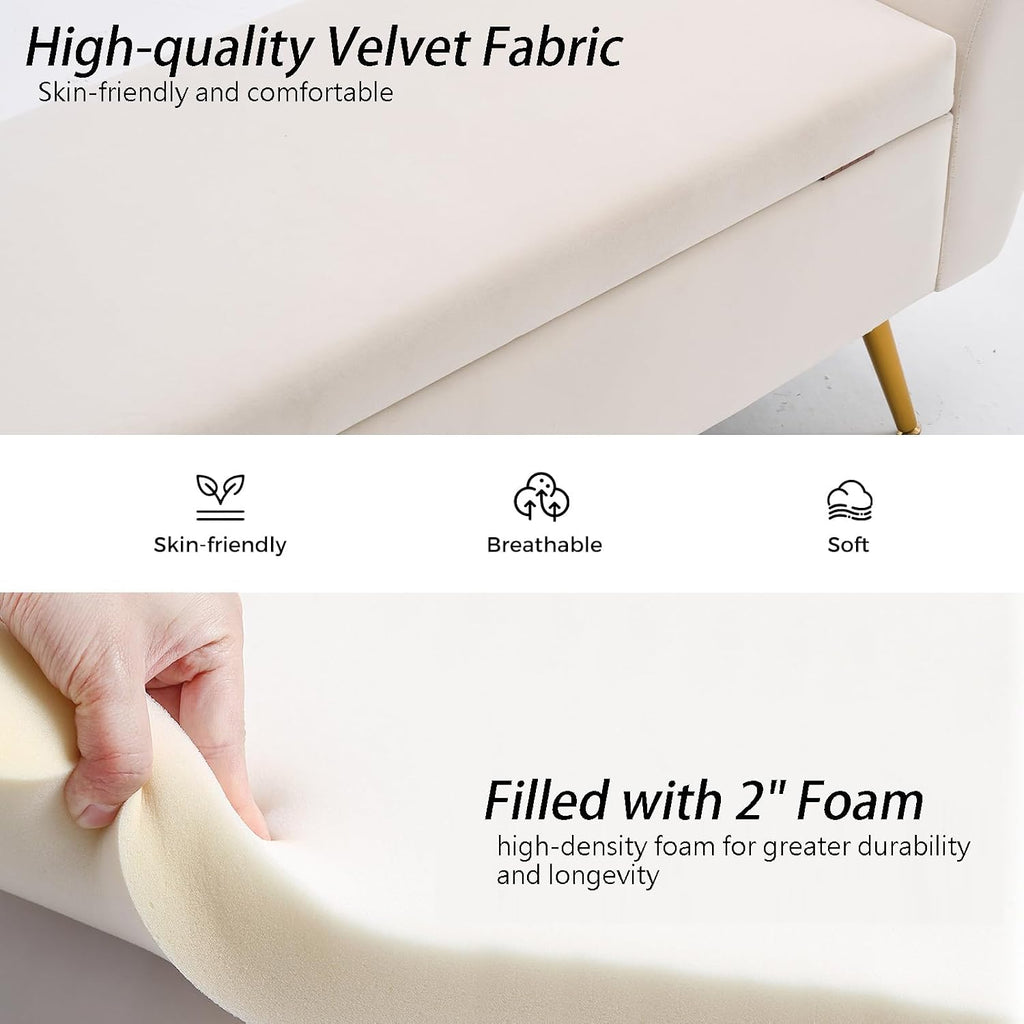 56" Storage Bench for Bedroom King Size Bed, Gold Legs, Velvet Ivory White