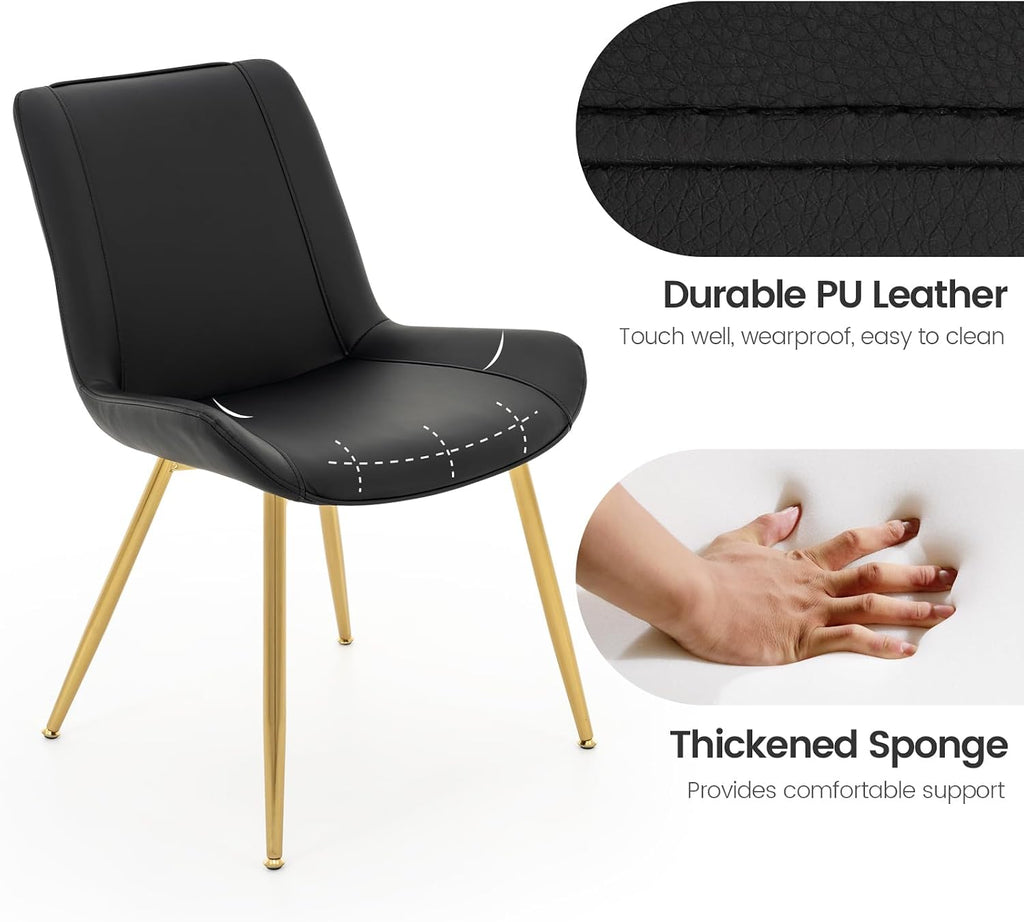 Dining Chairs Set of 2, PU Leather Armless with Metal Legs Black, Gold Legs