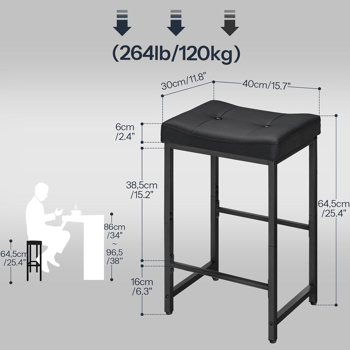 HOOBRO Bar Stools,25.4" Saddle Stools with PU Upholstery, Counter Height Stools with Footrest, Kitchen Breakfast Chairs, for Dining Room, Cafe, Bar, Black BB23BY01