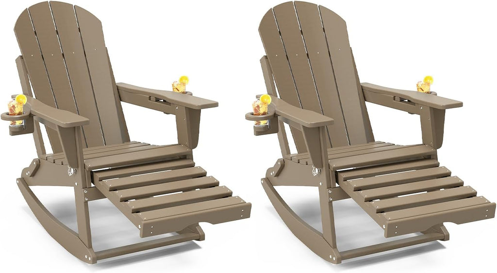 NAVINE Adirondack Rocking Chairs Set of 2 with Retractable Ottoman, Brown
