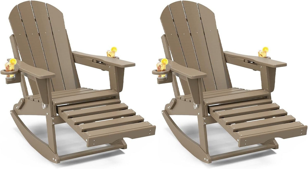 NAVINE Adirondack Rocking Chairs Set of 2 with Retractable Ottoman, Brown