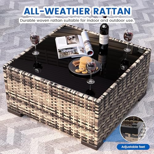 8-Piece Patio Furniture Set with 44” Fire Pit Table - All-Weather Wicker Conversation Sectional Sofa & Coffee Table with Thickened Cushions for Backyard, Garden(Navy Blue)