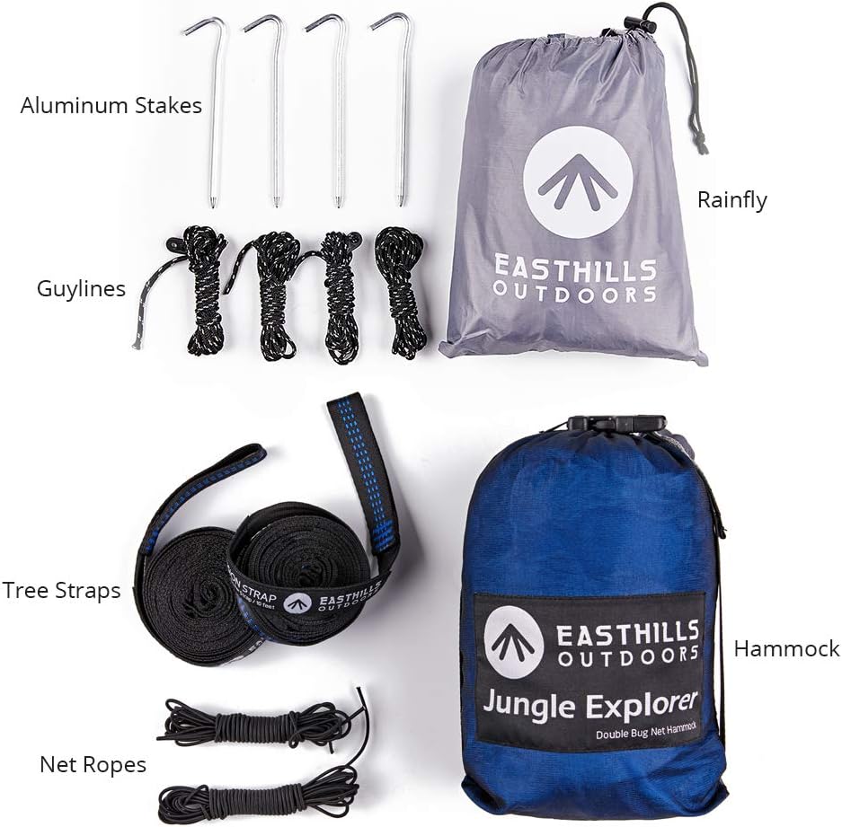 Easthills Outdoors Jungle Explorer 118" x 79" Double Camping Hammock Lightweight Rip-Stop Parachute Nylon 2 Person Hammocks with Removable Bug Net, Tree Straps and Tarp Blue