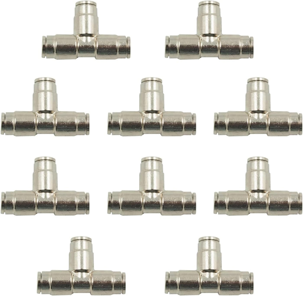 10pcs Nickel Plated Brass Push to Connect Fitting for High Pressure Mist Cooling System, Misting Tee Slip Lock, 3/8" Tube OD