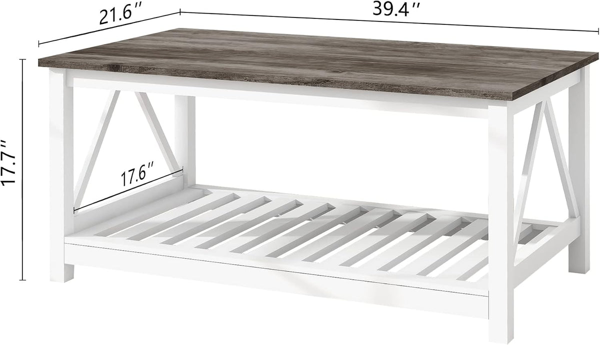 Farmhouse Coffee Table and End Table Set, Oak Grey Wooden Living Room Furniture with Slats Base, Oak Grey (2-Piece)