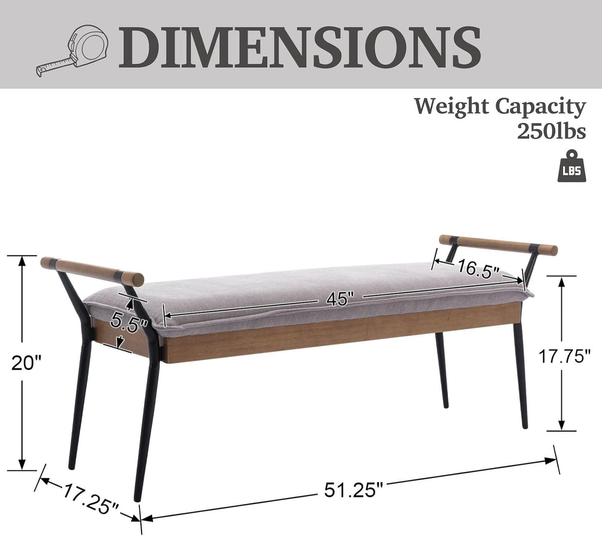 LukeAlon Modern Chenille Ottoman Bench with Arms & Metal Legs, Grey