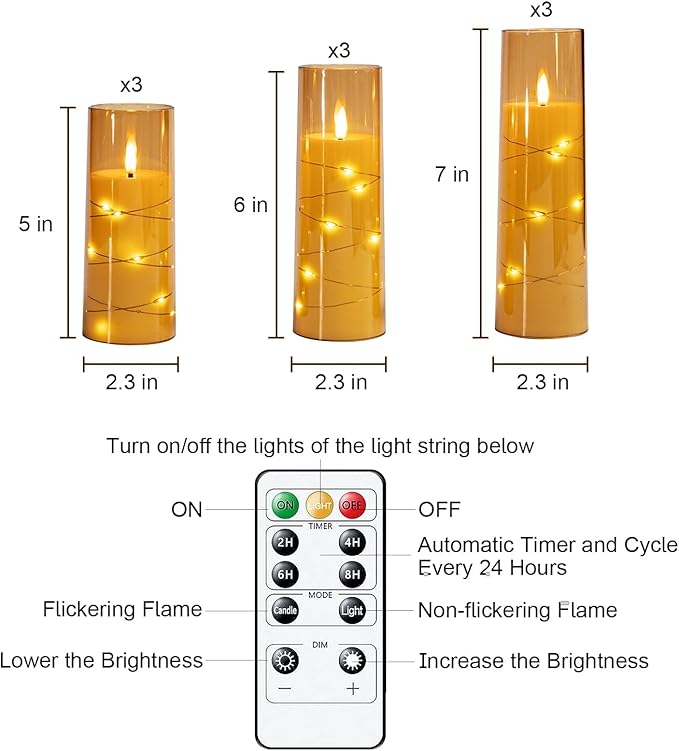 Raycare Flameless Candle with Remote Timer – 9 Flickering Acrylic Battery Operated LED Pillar Candles with Embedded Star String for Halloween, Home Decor, and as a Gift(Glod) (9 Pcs)