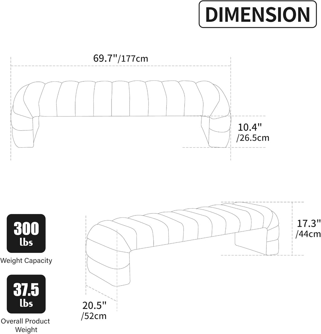 KEIKI 69.7" Modern Upholstered Armless Bed Bench, Channel Tufted Couch Daybed Chaise, Chenille Ottoman Foot Stool, Window Seat for Living Room and Bedroom, Entryway, Black
