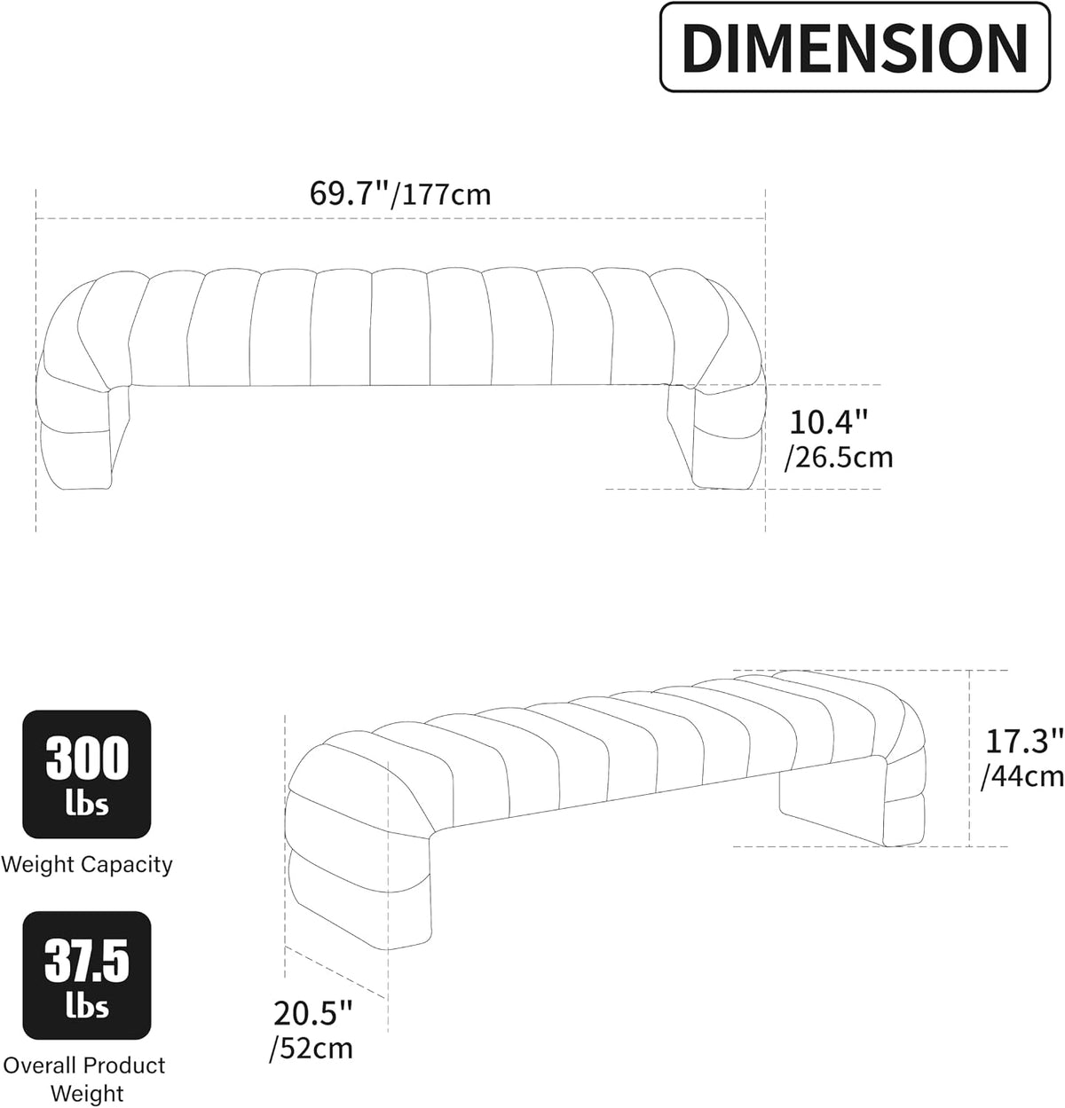 KEIKI 69.7" Modern Upholstered Armless Bed Bench, Channel Tufted Couch Daybed Chaise, Chenille Ottoman Foot Stool, Window Seat for Living Room and Bedroom, Entryway, Black