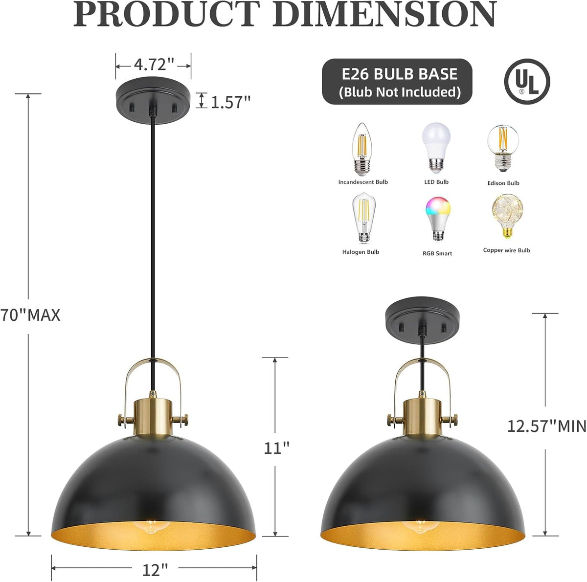 12 inch farmhouse pendant lights, black, 3 pack shown in use