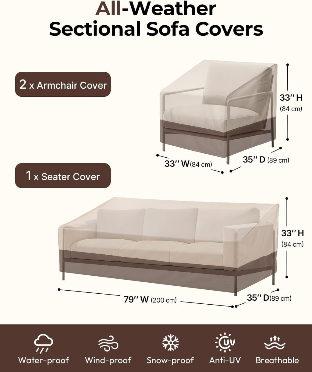 Loriano 3-Piece Patio Furniture Covers for Outdoor Seating – 600D Heavy-Duty Waterproof, Fits 79"W Sofa & 2 Armchairs, All-Weather Windproof Protection for Deck Backyard