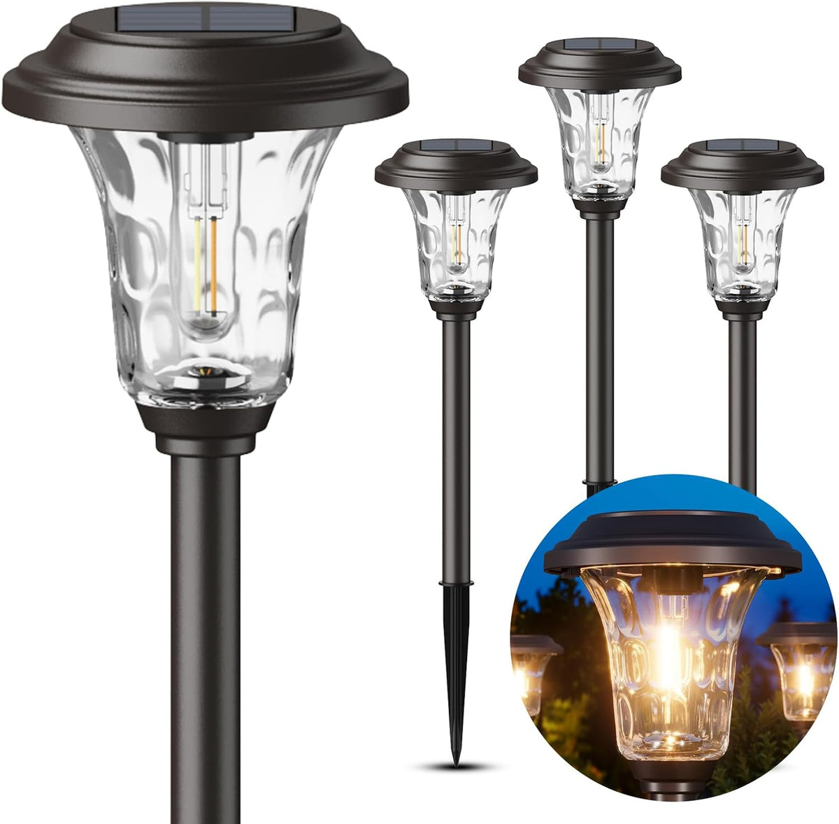 XMCOSY+ Solar Pathway Lights 4 Pack, Metal Glass Solar Garden Light Outdoor