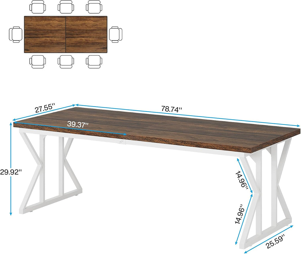 Tribesigns Farmhouse Dining Table for 6-8 People, 78.7-Inch Rectangular Wood Dining Table, Rustic Kitchen Table with Heavy Duty Metal Legs for Dining Room