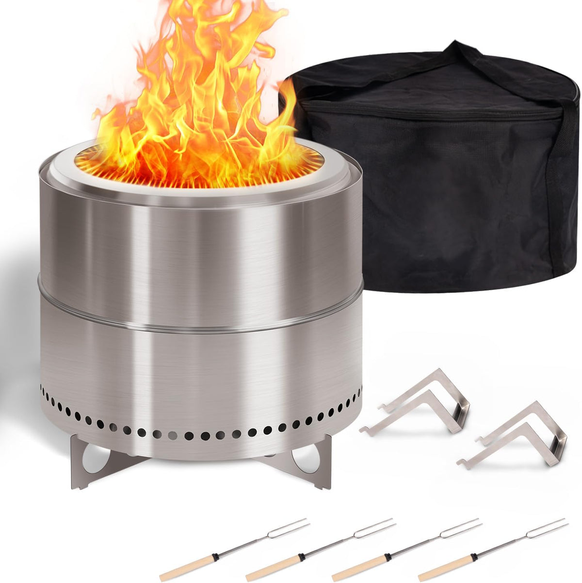 BRIOPAWS Large Smokeless-fire-pit Outdoor | 19 IN | 304 Stainless-Steel-Firepit | Portable Solo Fire Pits for Outside, Camping | Low Smoke Stove | Wood Burning Chimenea, Inclu. Bag, BBQ Forks, Handles