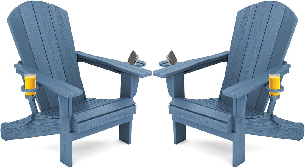 SERWALL Outdoor Adirondack Chair Set of 2 with 2 Cup Holders,Foldable,Blue