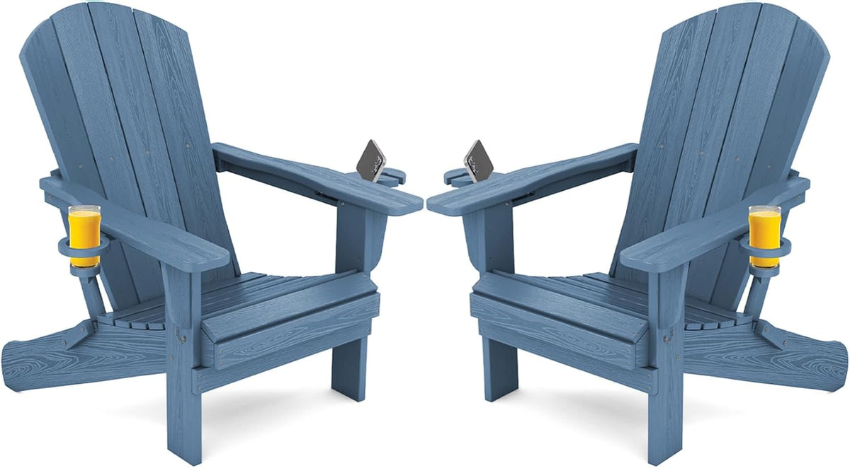 SERWALL Outdoor Adirondack Chair Set of 2 with 2 Cup Holders,Foldable,Blue