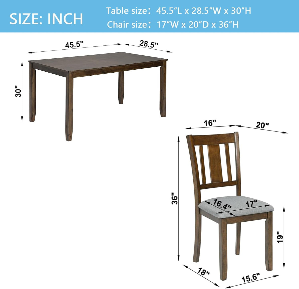 RuiSiSi Farmhouse 5 Piece Dining Table Set for 4, Solid Wood Rustic Kitchen Table with 4 Upholstered Chairs, Wood 5 Piece Dinette Table Set for Dining Room, Living Room, Kitchen, Walnut