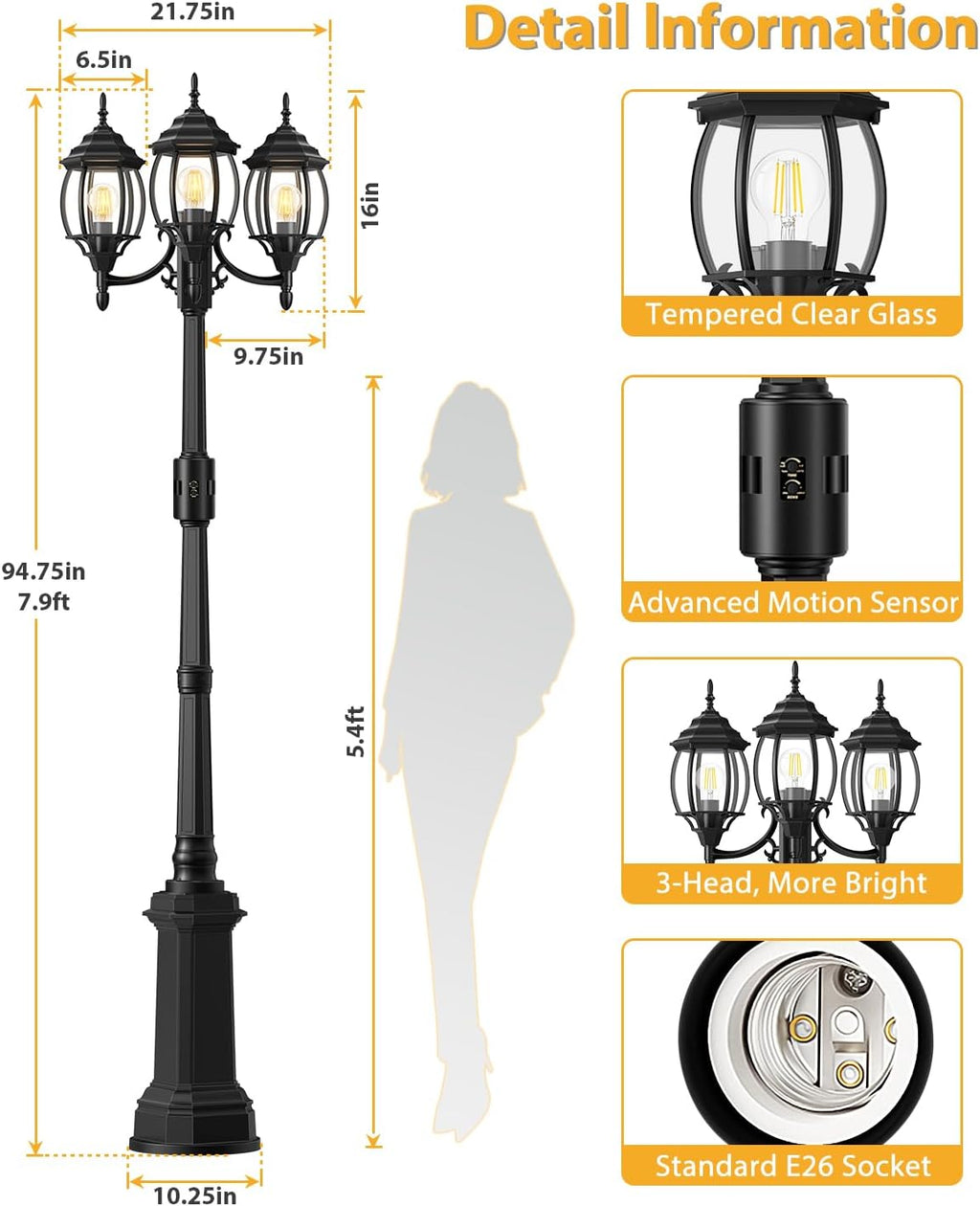 Redluck Motion Sensor Outdoor Post Lights, 3-Head Dusk to Dawn Lamp Post