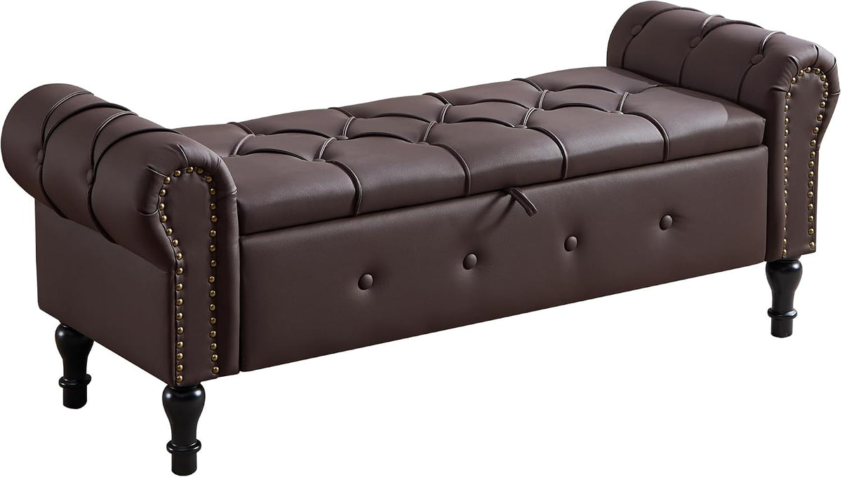 Storage Bench 51" Faux Leather End of Bed Benches Dark Brown