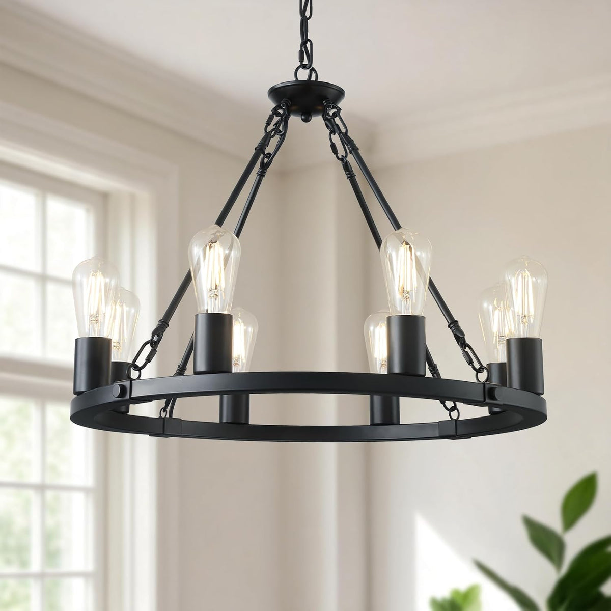 Wagon Wheel Chandelier 8-Light Black Dining Room Light Fixture