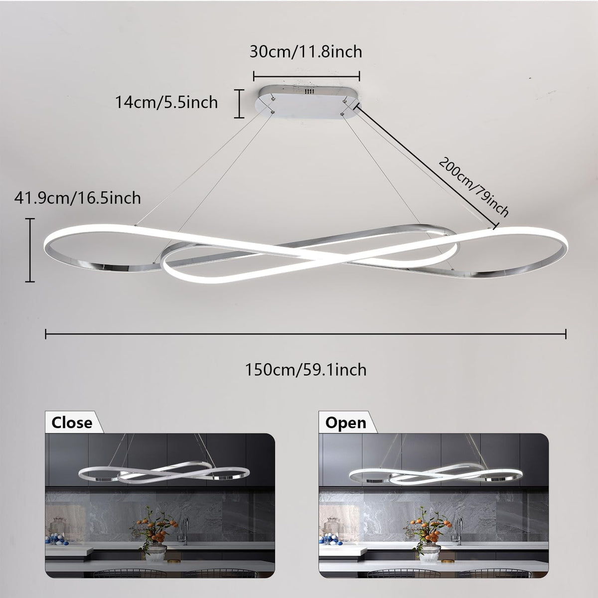 59.06in Led Chandelier Large Modern Led Pendant Light Fixture Dimmable with Remote Controller Electroplated Chrome